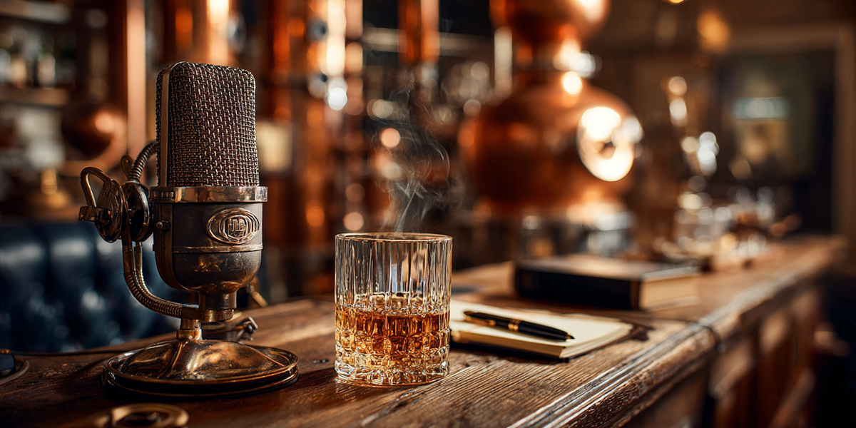 Whiskey glass with microphone and note pad