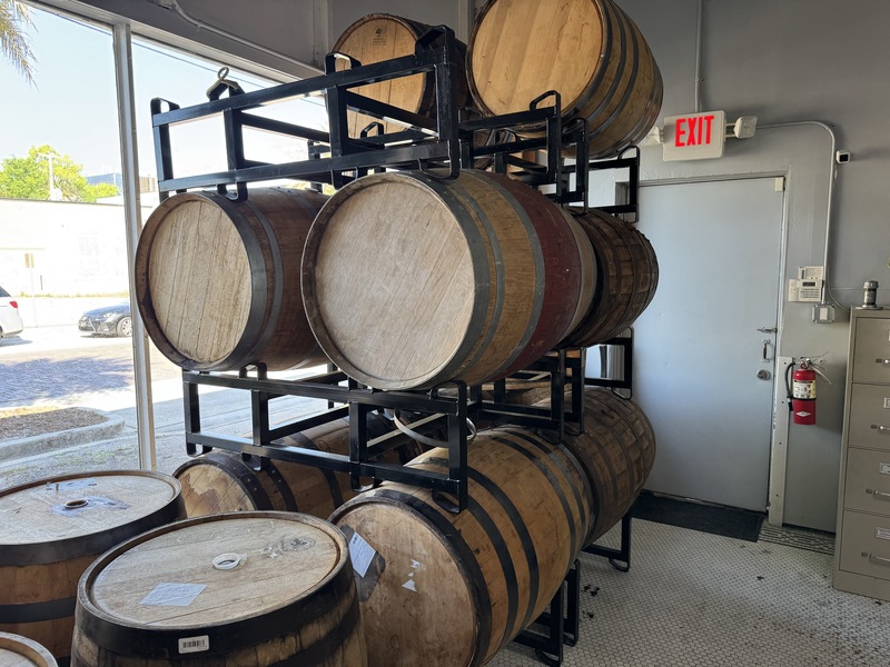 Loggerhead distillary barrels in front of the window