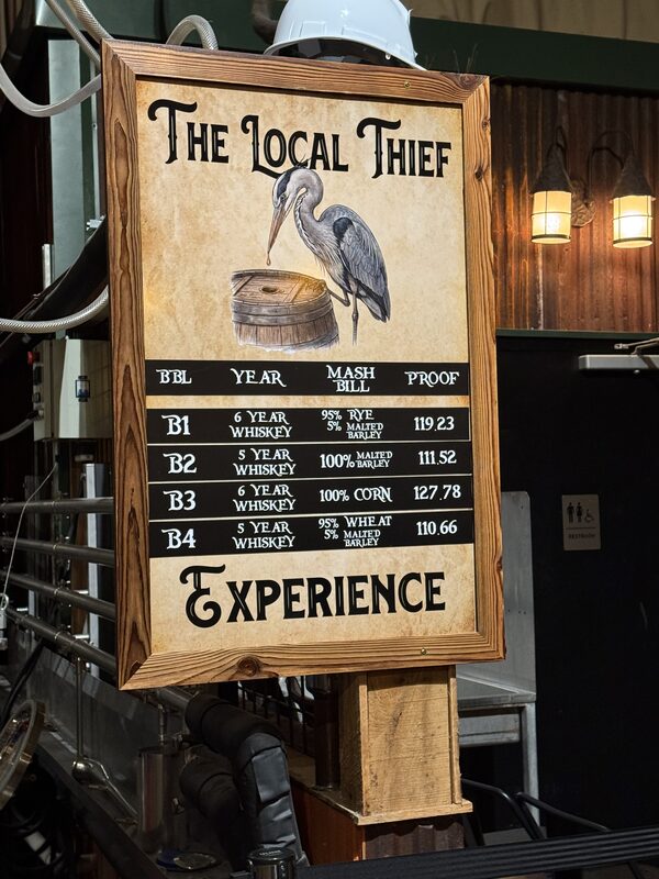 A framed wooden sign titled "The Local Thief" with an illustration of a heron pecking at a barrel lists four entries (B1–B4) showing year, mash bill, and proof values. The sign is mounted on a wooden post amid stainless-steel pipes and tanks in an industrial space, with a white hard hat on top and two hanging lantern-style lights visible in the background.